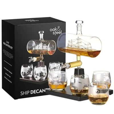 Image of Oak &amp; Steel Whiskey Decanter Gift Set with Glasses, Sailing Ship Design, 1000ml and Glass Set, Perfect for Rum, Scotch, Bourbon, Ideal Holiday, Birthday, Father’s Day