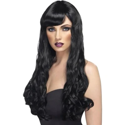 Image of Smiffys Desire Wig, Black Long, Curly with Fringe, Ladies Glamour Wigs Fancy Dress, Adult Dress Up