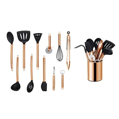 Image of ECHTWERK kitchen utensils, 12 piece utensil set, accessories, cooking utensils with stainless steel handle, set holder, gold edition, EW KS 1202G