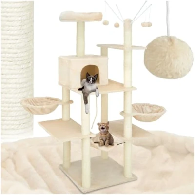 Image of tectake® Multi Level Cat Tree with Sisal Scratching Posts, Plush Cover, 2 Cosy Beds, Hammock, Cave &amp; Top Perch 165cm Tower Play Rope, Toy Balls, Anti Tip Protection Beige