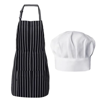 Image of BEIBXHQQ 1 Piece Halter Neck Apron with Chef Hat, Baking Apron, Anti Fouling Black and White Striped Suitable for Home, Cafe, Restaurant