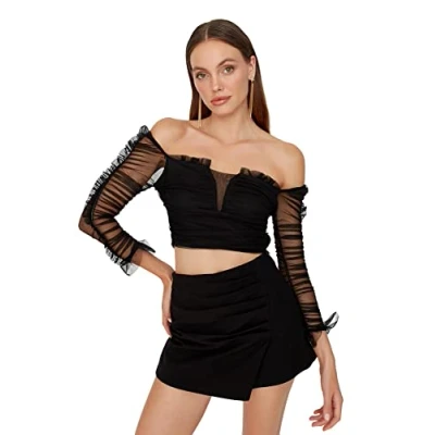 Image of Trendyol Women Glam Slim Off Shoulder Square Collar Woven Blouse Black