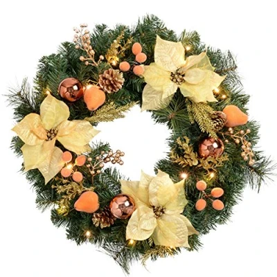 Image of WeRChristmas Pre Lit Decorated Wreath Christmas Decoration Illuminated with 20 Warm White LED Lights, 60 cm Copper/Gold