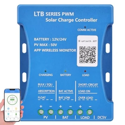 Image of 【20A Bluetooth Solar Charger Controller】DERUXI 20A PV:50V Controller 12V/24V Panel Intelligent PWMs for Lead Acid, LiFePO4, Lithium Batteries