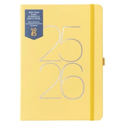 Image of Busy B A5 Day A Page Diary Mid Year Academic Dual Schedule Planner Aug &#039;25 &#039;26 Yellow Vegan Leather with Space for Two schedules, Lined Pages, Notes &amp;