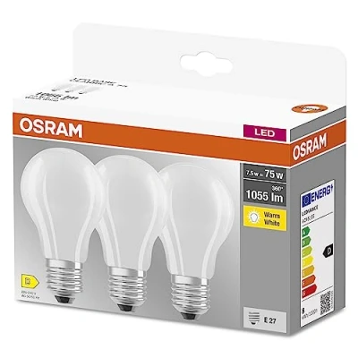 Image of OSRAM LED BASE Classic A75, clear filament lamps made of glass for E27 base, bulb shape, warm white (2700K), 1055 lumen, replaces conventional 75W bulbs, box 3