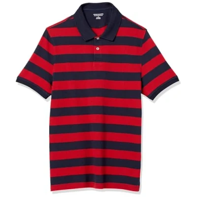 Image of Amazon Essentials Men&#039;s Slim Fit Cotton Pique Polo Shirt, Navy Red Rugby Stripe, XXL