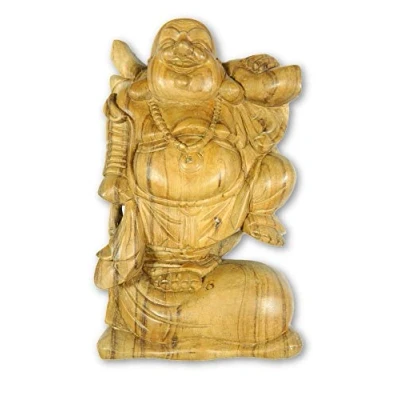Image of Thai Gifts Wooden Buddha Carving Hand Carved Laughing Standing Chinese 30cm