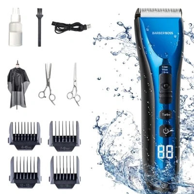 Image of Barberboss Professional Men’s Hair Trimmer, Rechargeable Shaver, Men &amp; Boys Beard Three Speed Adjustment, Cordless Clipper, Waterproof Design, Ultimate All in One Men&#039;s Grooming Kit