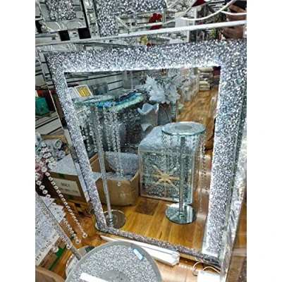 Image of Biznest Ex Large Crushed Crystal LED Wall Mirror Silver Home Decorative Living Room Bedroom 104x74cm