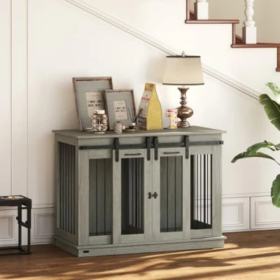 Image of PawHut Dog Crate Furniture for Large Dog, Double Cage Small Dogs with Divider, Sliding Doors Grey