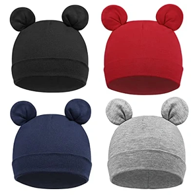 Image of DRESHOW 4 Pieces Baby Beanie Newborn Toddler Soft Cute Knit Hat Hospital Hats for Boys Bear Ears Infant