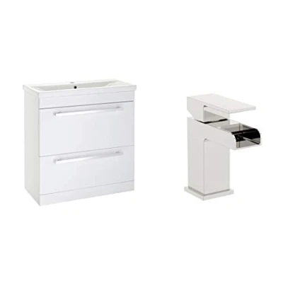 Image of VeeBath Sobek 700mm High Gloss White Minimalist Vanity Sink Unit with Waterfall Designer Chrome Basin Mixer Tap + Waste (Flat Pack)