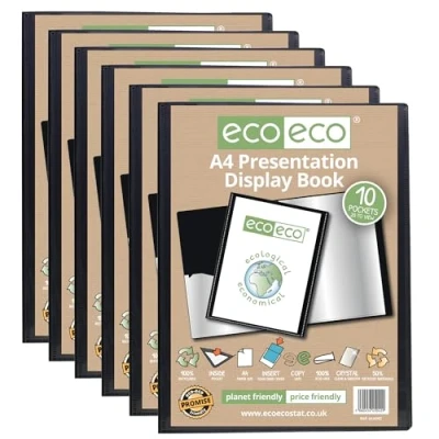 Image of eco A4 Size 50% Recycled 10 Pocket Black Presentation Display Book, Storage Case Portfolio Art Folder with Plastic Sleeves (Pack of 6 Books),Black,eco042x6