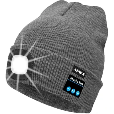 Image of ATNKE LED Lighted Bluetooth Beanie Cap, USB Rechargeable Wireless Musical Running Hat Ultra Bright 4 Waterproof Light Lamp Use for Skiing Hiking Camping Cycling/Grey