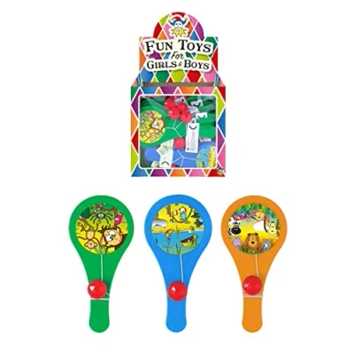 Image of HENBRANDT 1x Mini Jungle Animal Paddle Bat and Ball Game Biff Bats for Kids Birthday Party Bag Favours Loot Fillers Stocking Wedding Games Girls Boys