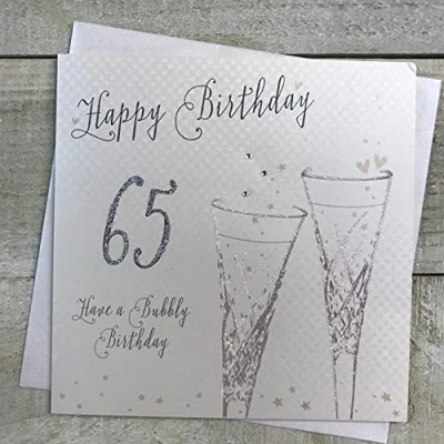 Image of 65th Birthday Card, Champagne Sparkly Flutes Handmade by White Cotton Cards BFA65
