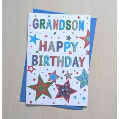 Image of Grandson Birthday Card Men Male Boy Him Modern Script Size: 197mm x 133mm