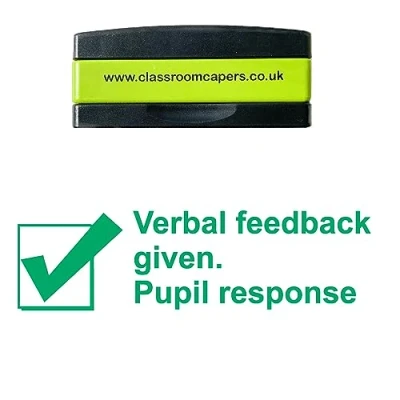 Image of Verbal Feedback given. Pupil response Self inking, Stakable Teacher Stamps, Pre inked for Marking. Green Ink