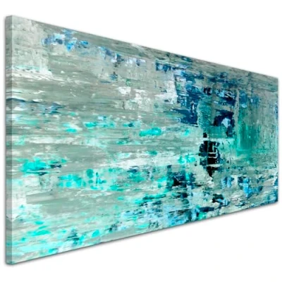 Image of Wallfillers Turquoise Teal Abstract Painting Wall Art Print Canvas 1333 118x49cm
