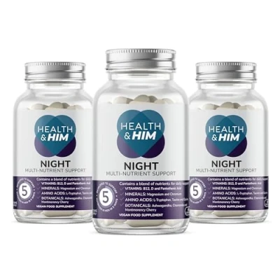 Image of Health &amp; Him Night Supplements for Men 3 Months Supply of 60 Capsules Men&#039;s Multivitamin with Magnesium, Ashwagandha Chamomile Vegan, Gluten Free, Vitamins