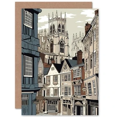 Image of Artery8 Shambles Street Cityscape with York Minster Towers Travel Birthday Sealed Greeting Card Plus Envelope Blank inside