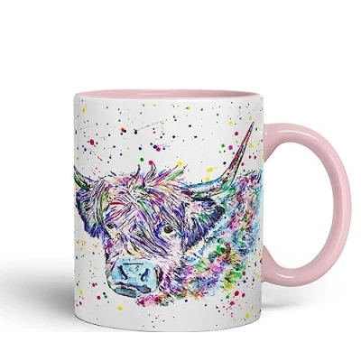 Image of Vixar Highland Cow Scottish Farm Animals Watercolour Art Coloured Mug Cup Gift Birthday Work Office Tea Coffee (Pink)