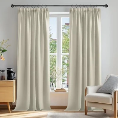 Image of Deconovo Super Soft Thermal Insulated Pencil Pleat Blackout Curtains 90 x Inch Light Beige 2 Panels