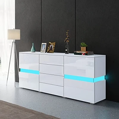 Image of AWOOOD LED Sideboard Cabinet,TV Unit High Gloss Sideboards Storage Cabinet with 2 Doors 4 Drawers,TV Stands for Living Room (White)