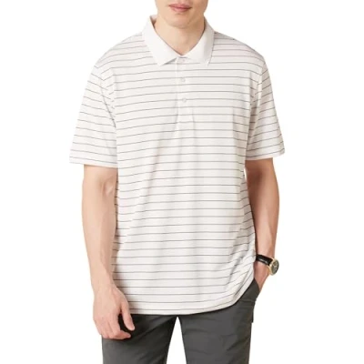 Image of Amazon Essentials Men&#039;s Regular Fit Quick Dry Golf Polo Shirt, Black White Thin Stripe, XS