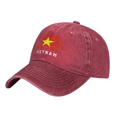 Image of PELNYC Red Cool Vietnam Flag Vietnamese Baseball Cap Patriotic Men Vintage Cotton Washed Denim Adult Unisex Hats