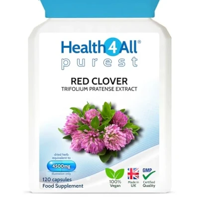 Image of Health4All Red Clover 4500mg 120 Capsules (V) High Strength Extract: 24mg isoflavones in Each Capsule for Menopause Support. Vegan Supplement