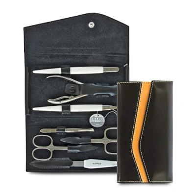 Image of Nippes Solingen Manicure Set 7 Pieces Genuine Cowhide Leather Case with Press Stud Fastener Premium Line Black/Brown