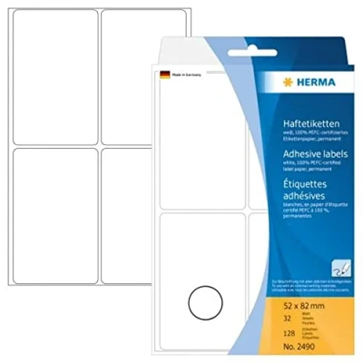 Image of HERMA Multi Purpose Labels, 4 Labels per Sheet, 32 Sheets, 52 x 82 mm, 128 Self Adhesive Large Stickers, Blank Sticky for Office Kitchen Home, White