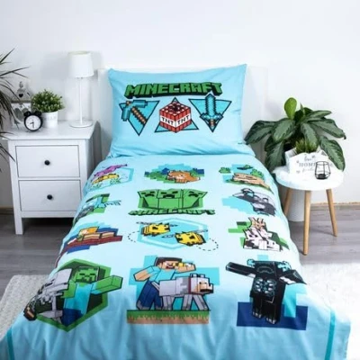 Image of Minecraft Official Single Duvet Cover Set 140 x 200 cm, Epic Design Let&#039;s Play Green Reversible 2 Sided Bedding Merchandise Including Matching Pillow Case