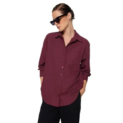 Image of Trendyol Women&#039;s Straight Long Sleeve Plus Size Shirt, Dark Burgundy, 12