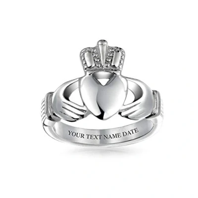 Image of Bling Jewelry Personalize Unisex Heart Band BFF Celtic Irish Friendship Couples Promise Claddagh Ring For Men Women Teen Silver Tone Stainless Steel Custom Engraved