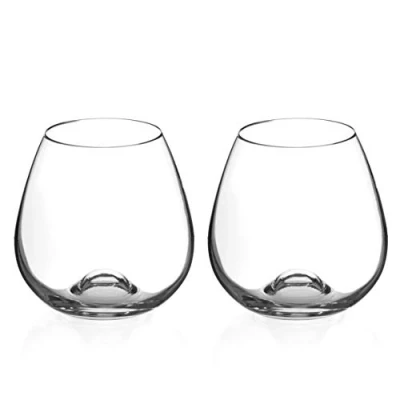 Image of DIAMANTE stemless Wine Glasses Pair ‘Auris’ Undecorated Crystal with no stem, Gin Box of 2