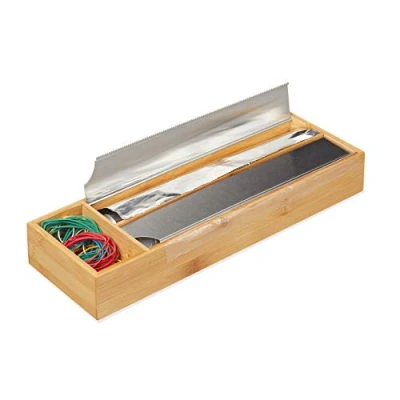 Image of Relaxdays foil dispenser for drawer, aluminium and cling film, bamboo stainless steel, H x W D: 5.5 39.5 13 cm, natural