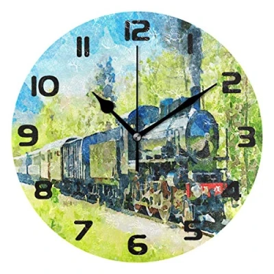 Image of Hunihuni Wall Clock Ancient Steam Train Silent Non ticking for Bedroom Living Room Home Office Decor