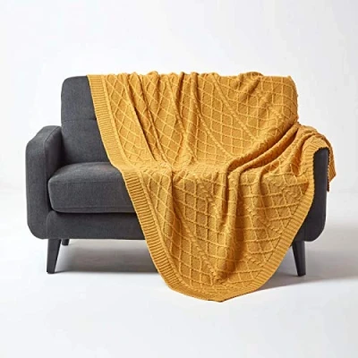 Image of HOMESCAPES Luxury Mustard Knitted Throw Cable Knit Cotton Blanket Hand Warm and Cosy Dark Yellow 100% Textured Diamond Pattern Sofa Bed Throw, 130 x 170 cm