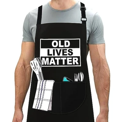 Image of LINEN CLOSET® Adjustable Bbq Aprons for Men Funny Chef Christmas Grilling Gifts Dad Son Father Husband with 2 Pockets Old Lives Matter Apron