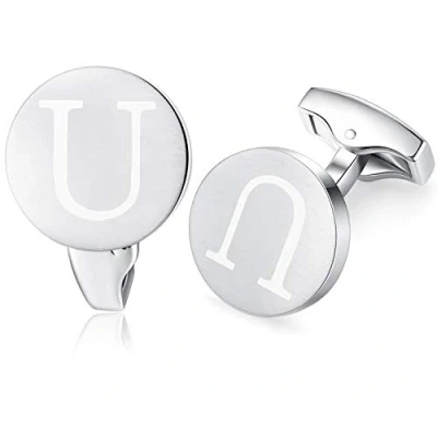 Image of HONEY BEAR Initial Alphabet Letter Cufflinks for Men, Brushed Silver Round Shape Stainless Steel Wedding Business Cufflinks, A Z (U)