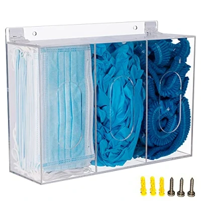 Image of KOEMEHR Acrylic Mask Storage Dispenser Box with 3 Compartment Holder Station Cover for Disposable Hairnet &amp; Shoe Cover，Wall Mount Holes or Tabletop (Clear)