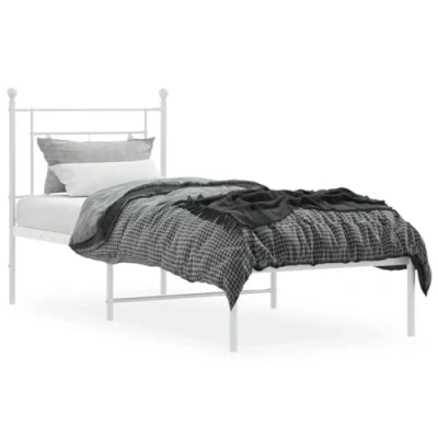 Image of vidaXL White Metal Bed Frame with Headboard: Steel Construction, Comfortable Support, Ideal for Bedroom, Extra Storage Space, 80x200 cm Mattress Foundation, Assembly Required
