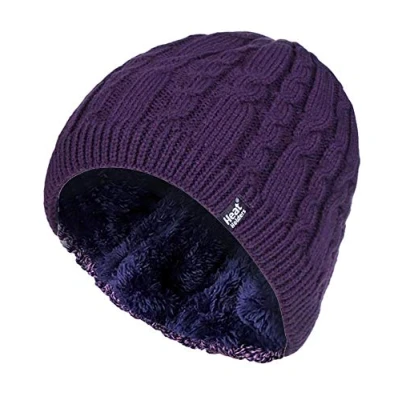 Image of HEAT HOLDERS Womens Ribbed Cable Knit Fleece Lined Thermal Winter Knitted Beanie Hat (One Size, Purple (Alesund))