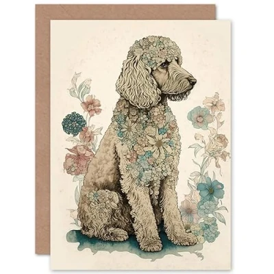 Image of Artery8 Poodle Dog with Flower Fur Coat Modern Boho Watercolour Illustration Art Birthday Sealed Greeting Card Plus Envelope Blank inside
