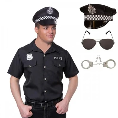 Image of Police Shirt (Black) + Deluxe Cop Hat Aviator Sunglasses Metal Handcuffs : Adult Mens Officer Fancy Dress Costume (XL)