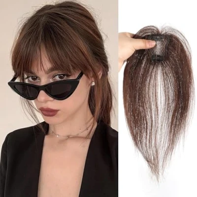 Image of Clip in Fringe Bangs 360 3D Cover 100% Real Human Hair Toppers with Bangs，Light Brown pieces on for Women Fake Daily Wear