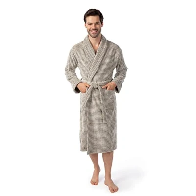 Image of möve Eden shawl collar bathrobe with check structure velours in size XXL made of 80% cotton / 20% linen, nature black